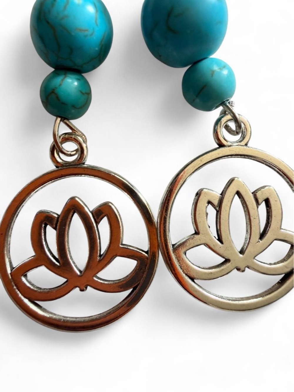 Handmade Silver Lotus Flower & Turquoise Bead Dangle Drop Earrings Boho - Picture 3 of 5